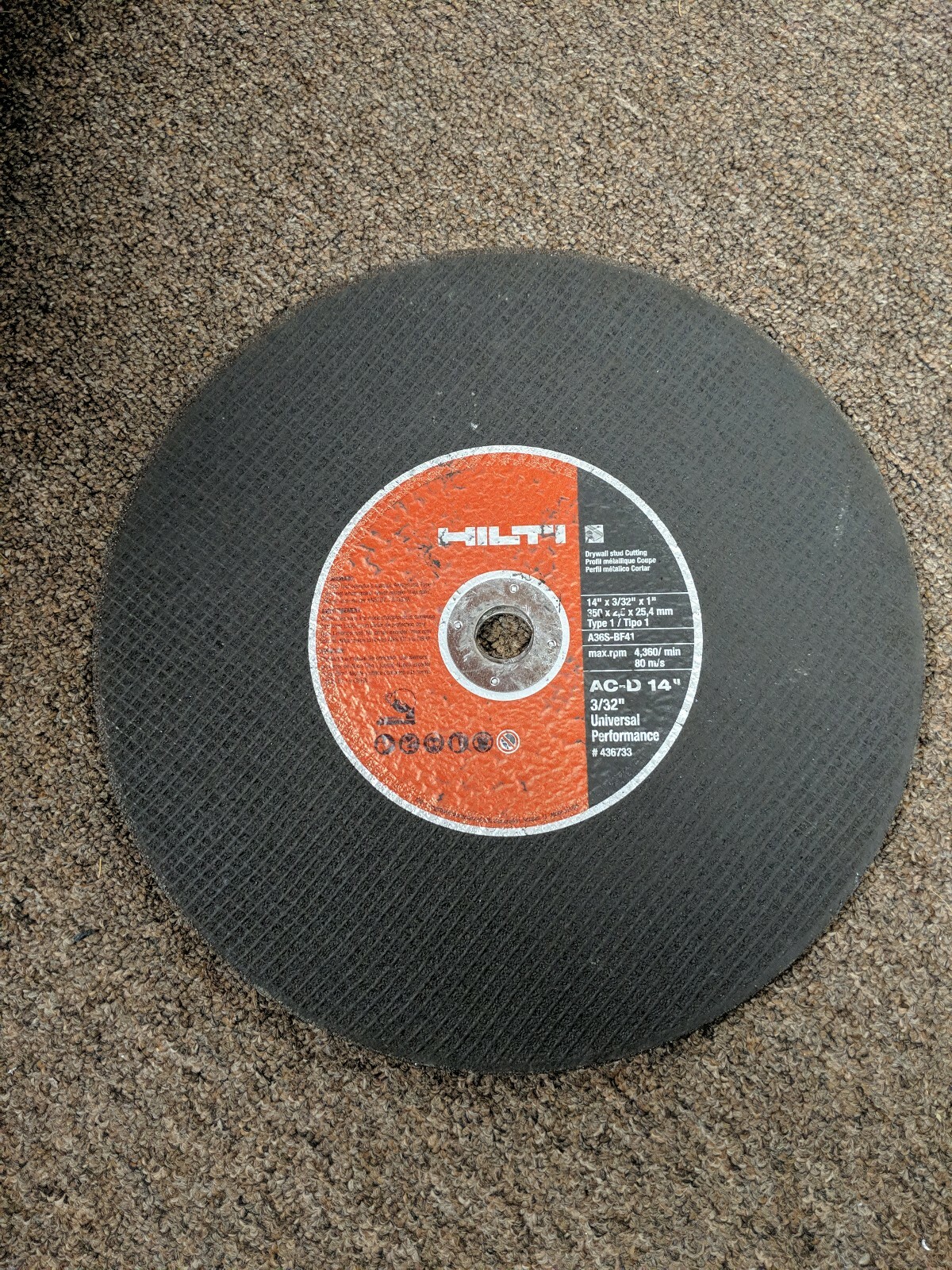 4 Hilti 436733 Cut Off Wheels AC-D 14in x 3/32 in x 1 in Dry Wall Stud Cutting 