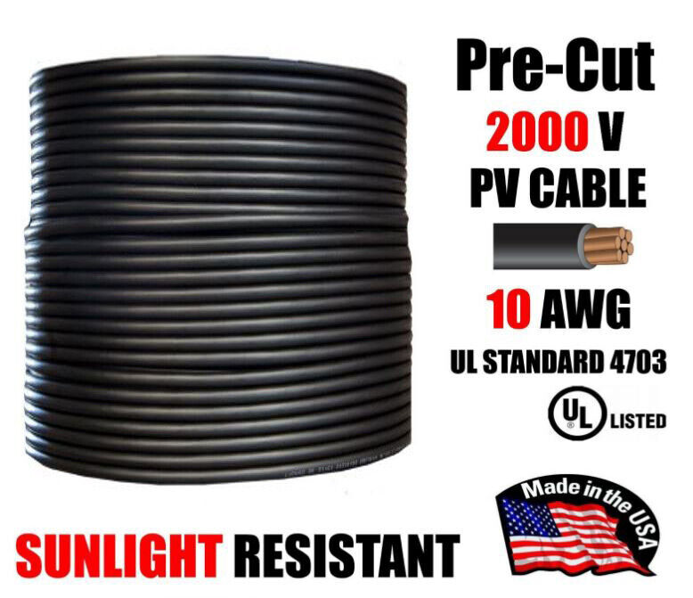 10 AWG Gauge PV Wire 1000/2000 Volt Pre-Cut 15-500 Ft Solar Installation BLACK