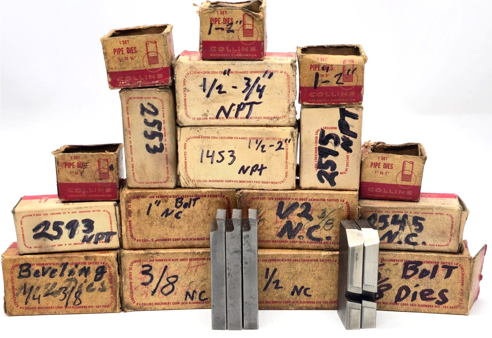 Lot of 18 Miscellaneous Collins Brand Pipe Beveling & Bolt Die Sets Vintage Lot of 18 Miscellaneous Collins Brand Pipe Beveling & Bolt Die Sets Vintage