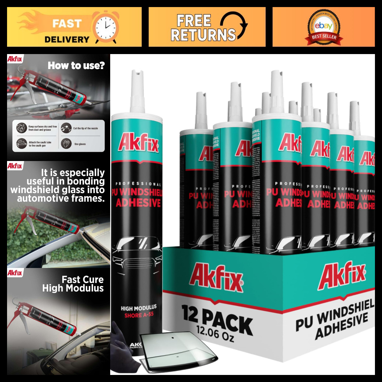Fast Curing Black Urethane Windshield Adhesive - High Bond Auto Glass Sealant, 1 Fast Curing Black Urethane Windshield Adhesive - High Bond Auto Glass Sealant, 1