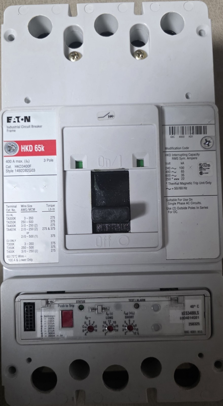 Eaton HKD3400F Circuit Breaker 400A 3-Pole 600Vac Thermal Mag KES3400LS Eaton HKD3400F Circuit Breaker 400A 3-Pole 600Vac Thermal Mag KES3400LS