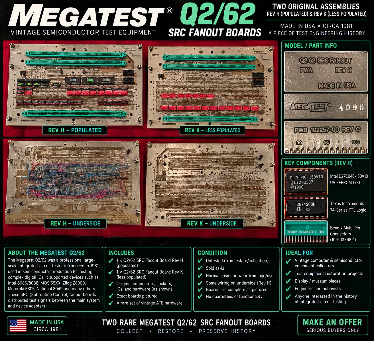 2x Megatest Q2/62 SRC FANOUT Boards Rev H & K Vintage Semiconductor ATE 2x Megatest Q2/62 SRC FANOUT Boards Rev H & K Vintage Semiconductor ATE