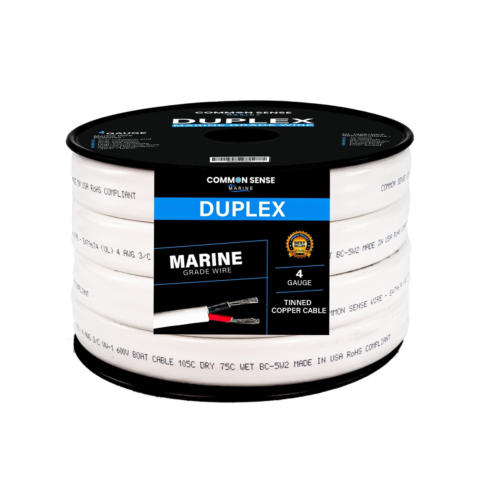 4/2 AWG 2 Conductor Marine Wire - 30 ft Tinned Copper Duplex Flat for Boat