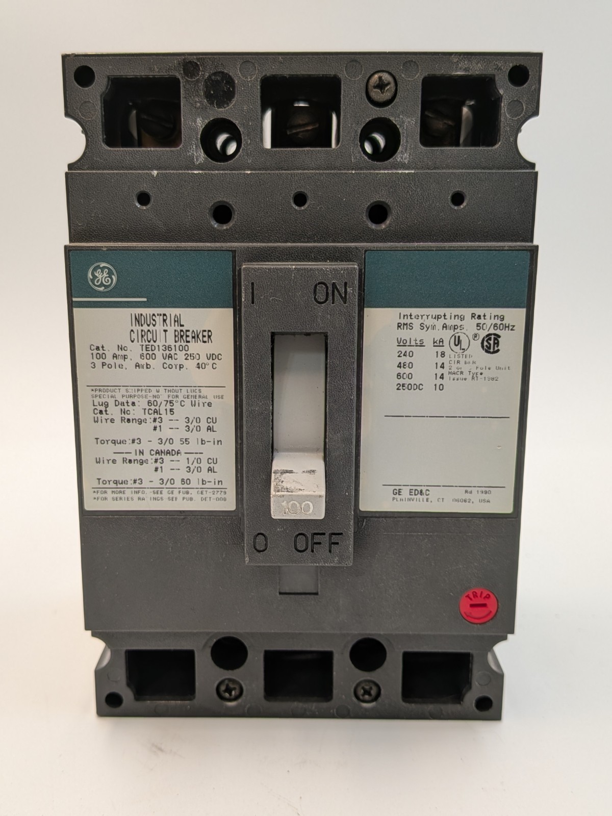 PERFECT CONDITION - GE Industrial Circuit Breaker TED136100 600vac 250vdc 3 Pole PERFECT CONDITION - GE Industrial Circuit Breaker TED136100 600vac 250vdc 3 Pole