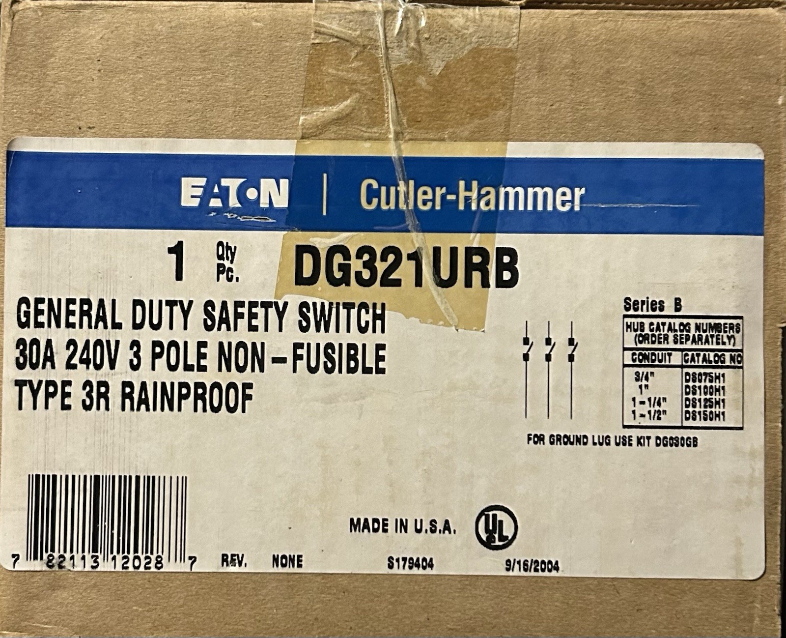 Eaton Cutler-Hammer DG321URB 30A 240V 3 Pole Non-Fused Safety Switch Disconnect