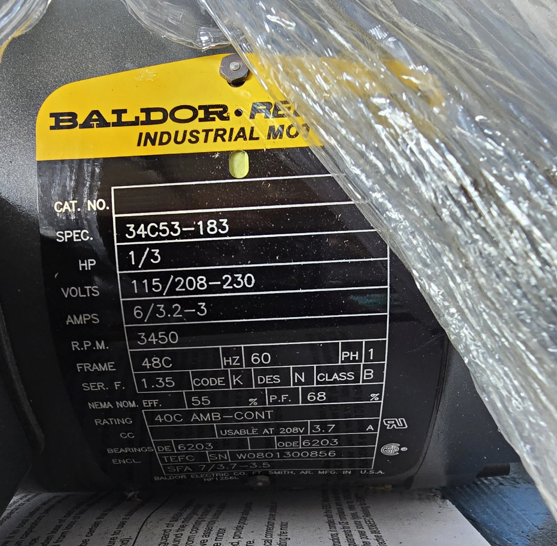 Baldor-Reliance 34C53-183 1/3HP 3450RPM 115/208-230V 1Ph TEFC Motor Baldor-Reliance 34C53-183 1/3HP 3450RPM 115/208-230V 1Ph TEFC Motor