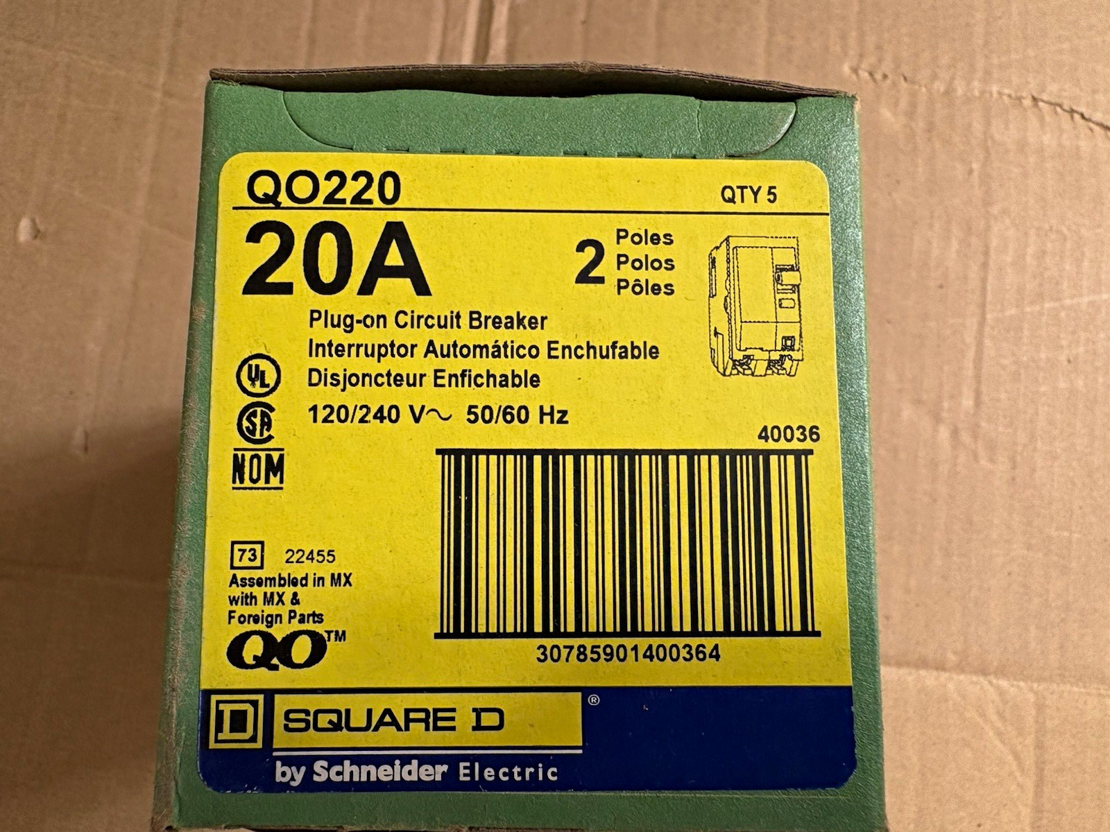 Square D QO220 20A 2-Pole Plug-On Circuit Breaker 120/240V AC 5-Pack